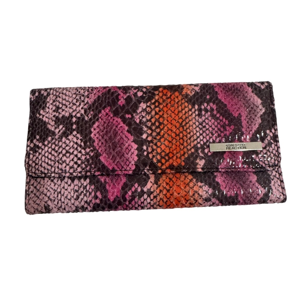 Kenneth Cole Reaction Pink Orange Snakeskin Trifold Wallet Faux Leather Clutch